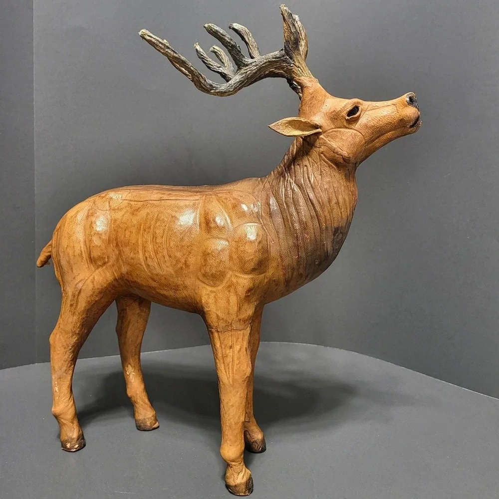 VTG Leather Wrapped Deer Figurine Standing Buck Rustic Cabin Decor 1960's - Picture 1 of 8